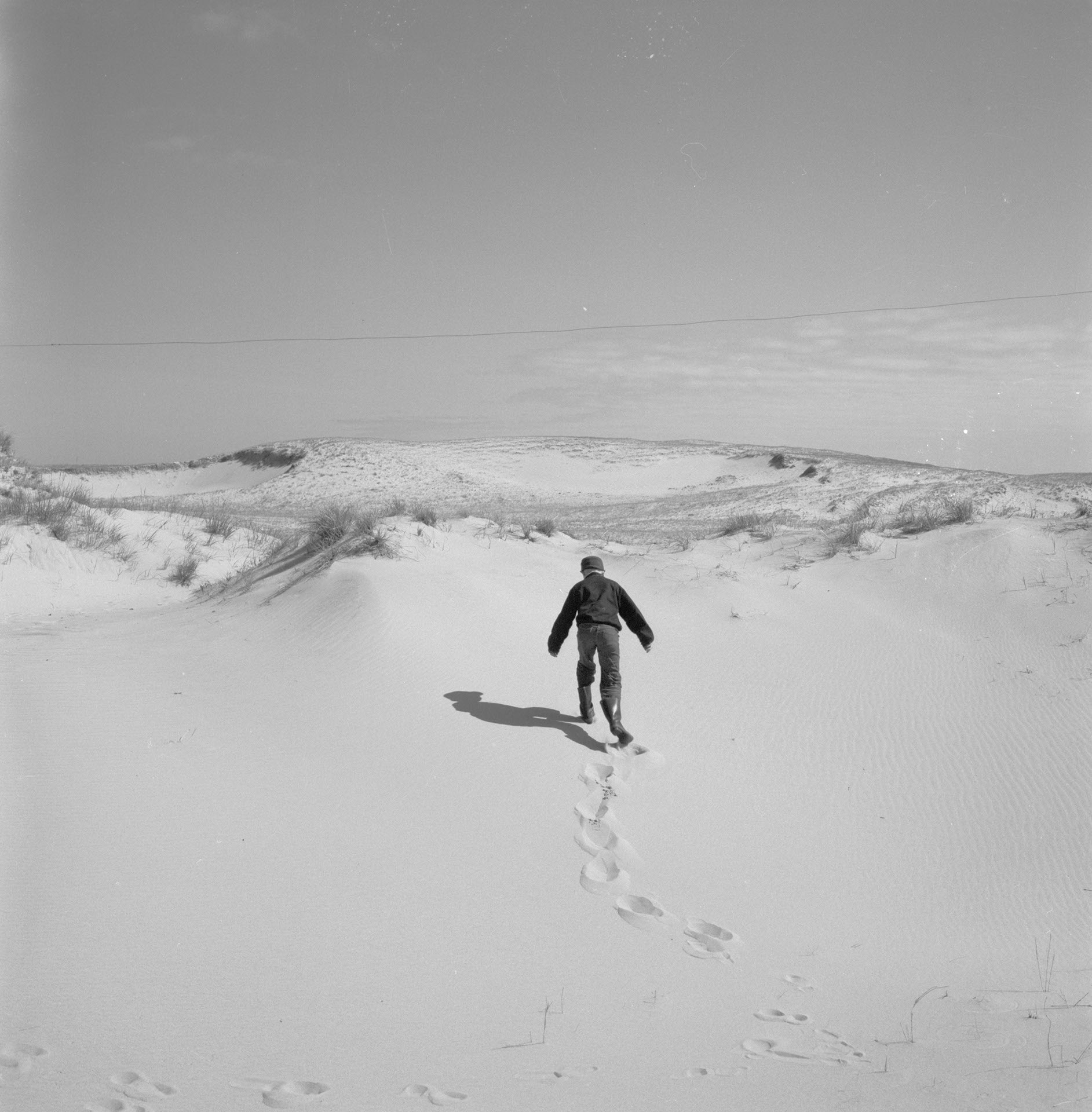 Back view of a figure walking through snow-covered field
